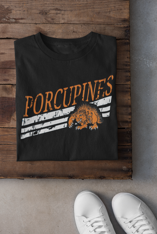 Porcupines Orange and White Distressed Slanted Varsity Mascot Graphic Tee