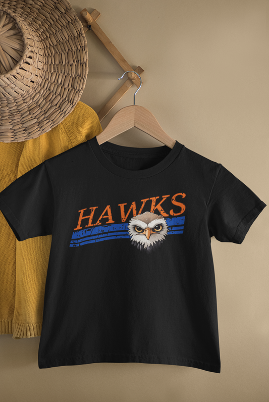 Hawks Orange and Blue Distressed Slanted Varsity Mascot Graphic Tee