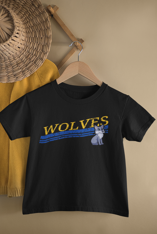 Wolves Yellow Gold and Blue Distressed Slanted Varsity Mascot Graphic Tee
