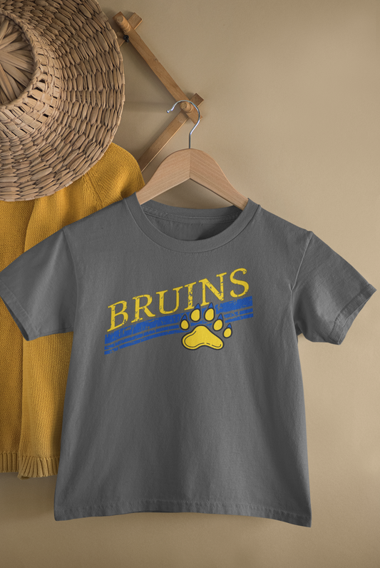 Bruins Yellow and Blue Distressed Slanted Varsity Mascot Graphic Tee