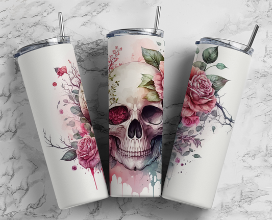 Pink Roses and Skull Completed 20oz Skinny Tumbler