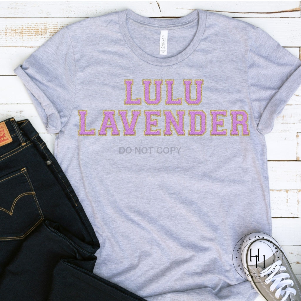 Lulu Lavender Grey Tee Faux Chenille Letters Graphic