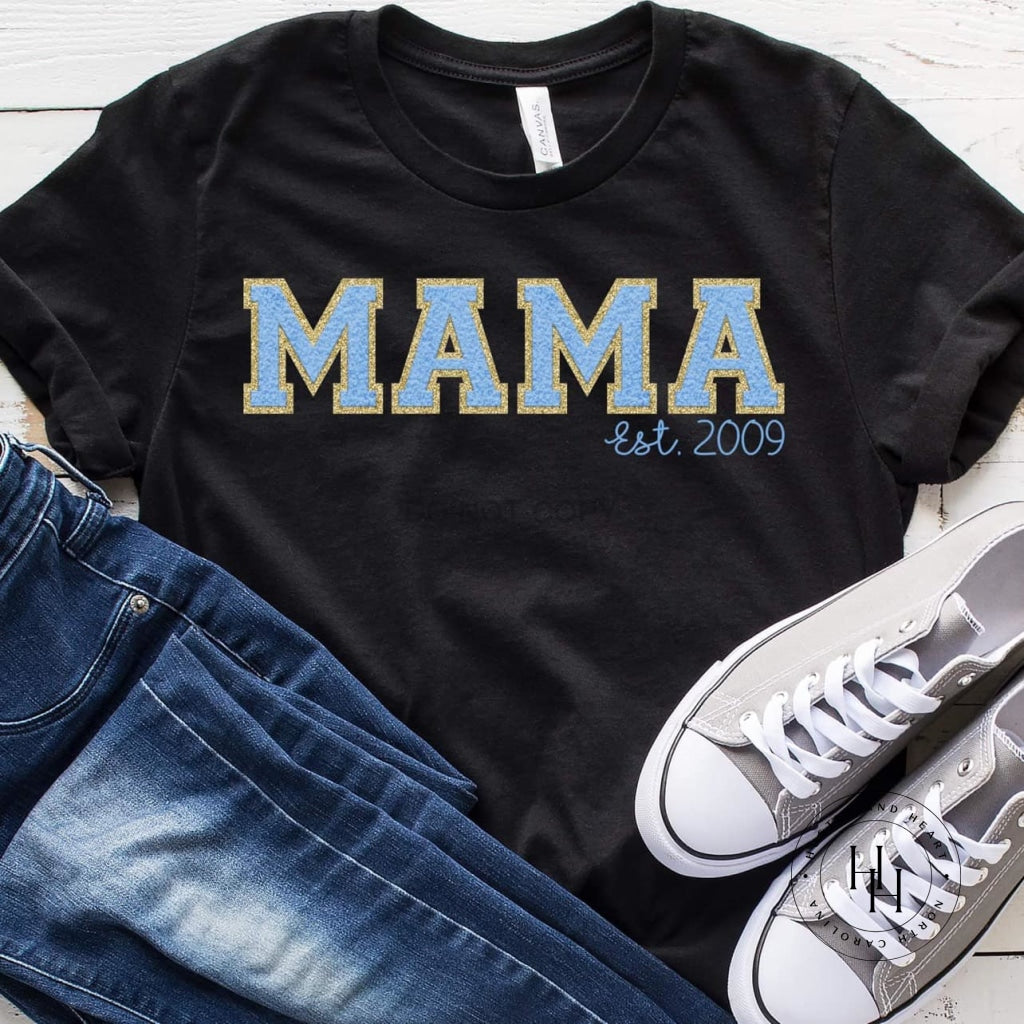 Mama Est Light Blue Faux Chenille Graphic Tee Shirt
