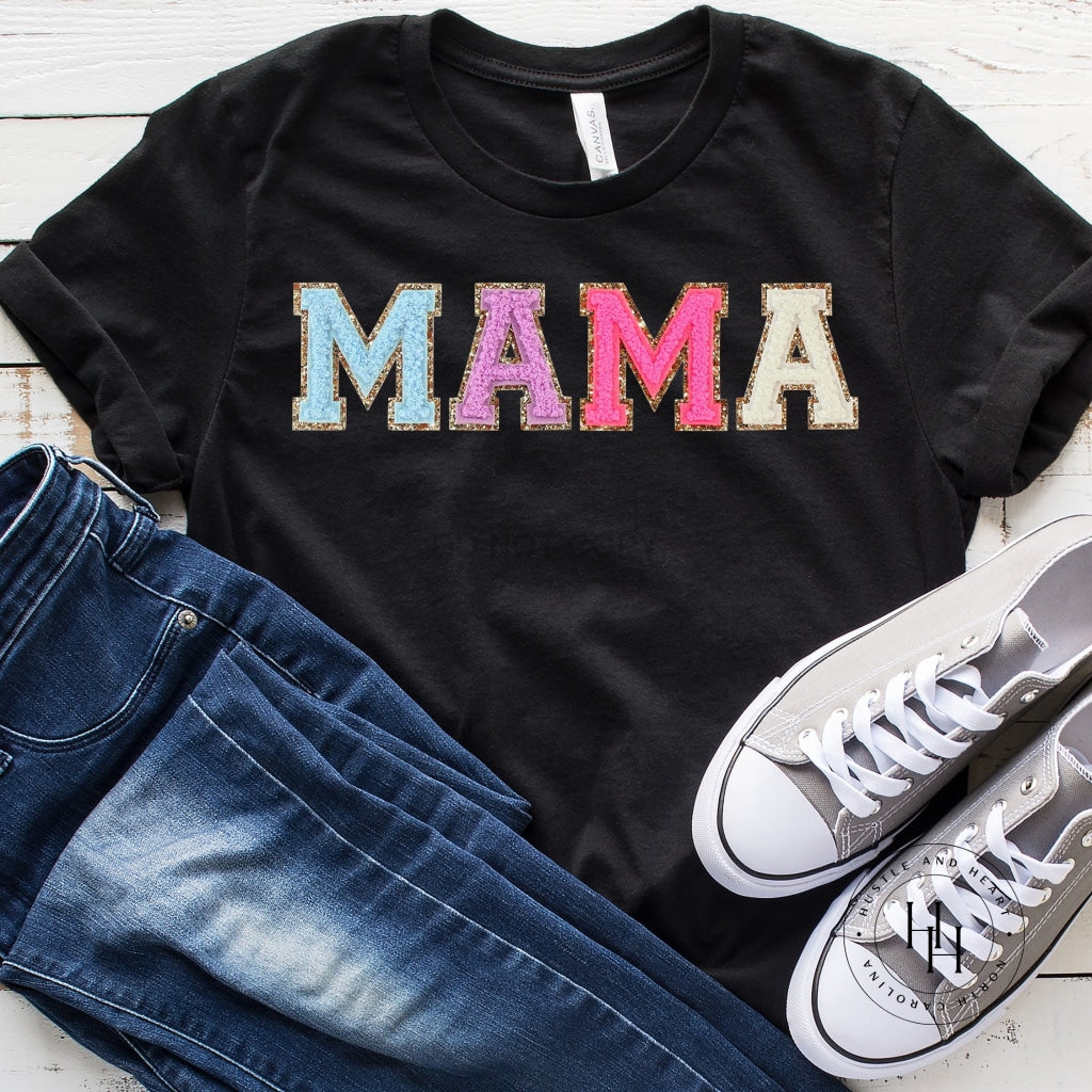 Mama Light Blue/purple/pink/white Faux Chenille Letters Graphic Tee Dtg