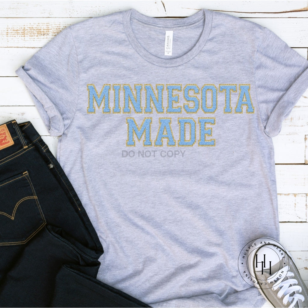 Minnesota Made Grey Tee Faux Chenille Letters Graphic