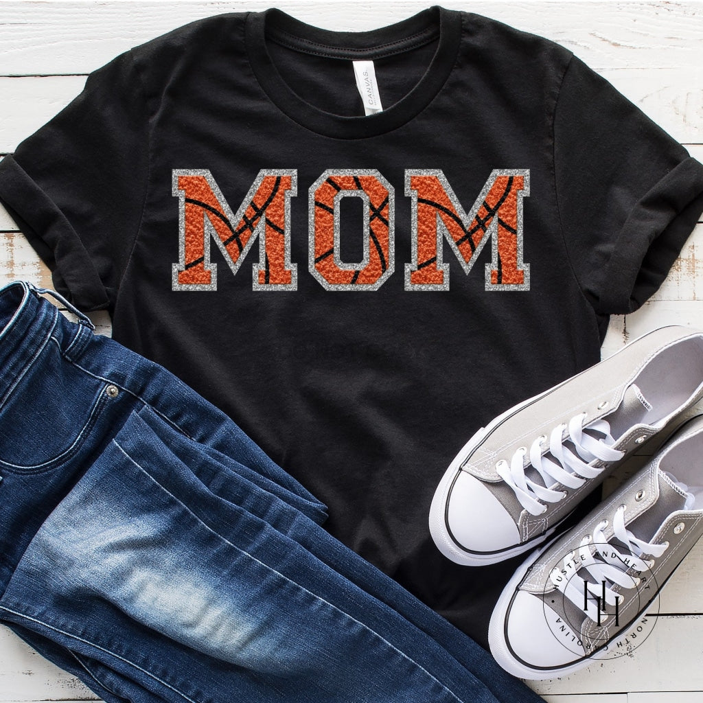 Mom Basketball/silver Faux Chenille Letters Graphic Tee