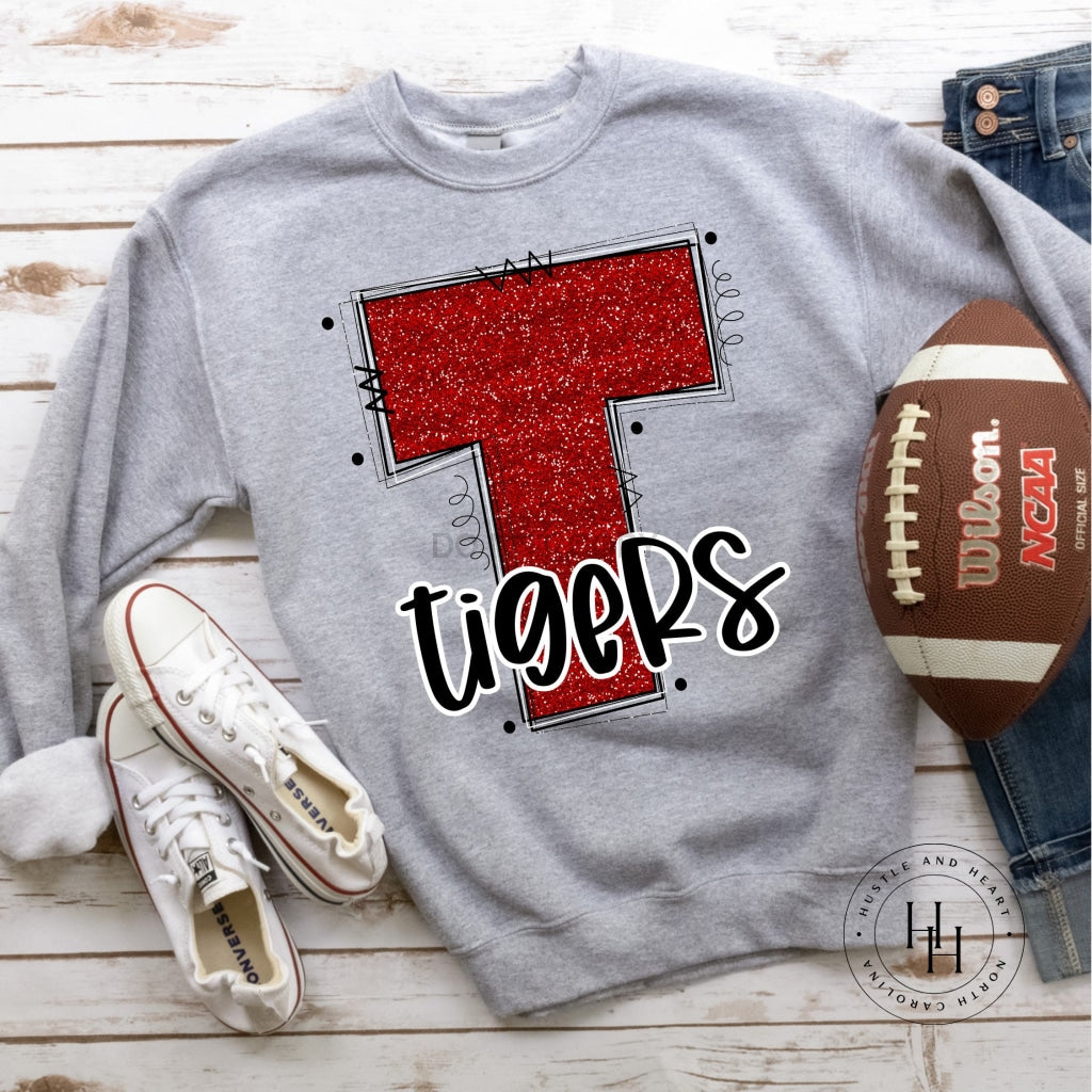 Tigers Red Glitter Varsity Doodle Graphic Tee Unisex Tee