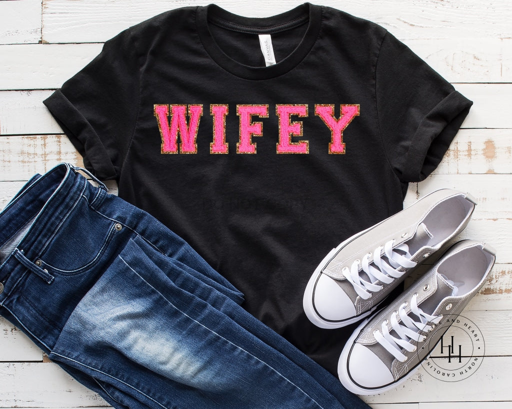 Wifey Hot Pink Faux Chenille Letters Graphic Tee