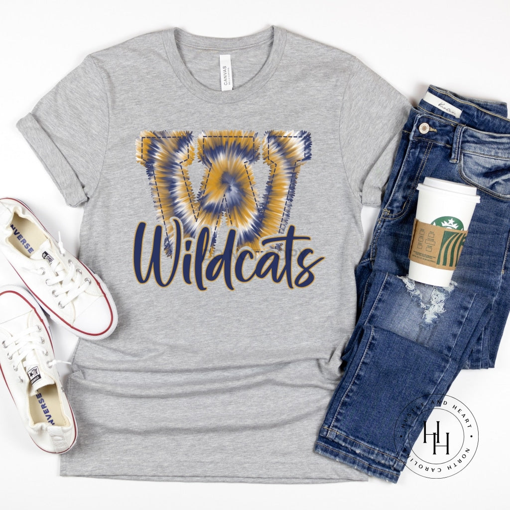 Wildcats Yellow Gold/navy Faux Embroidery Graphic Tee Shirt